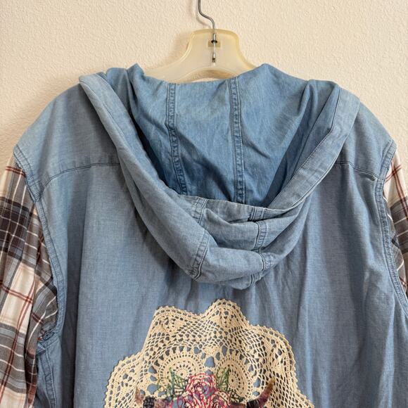 Upcycled O’Neill Hooded Lightweight Chambray Button Front Shacket Size XL - Picture 3 of 11